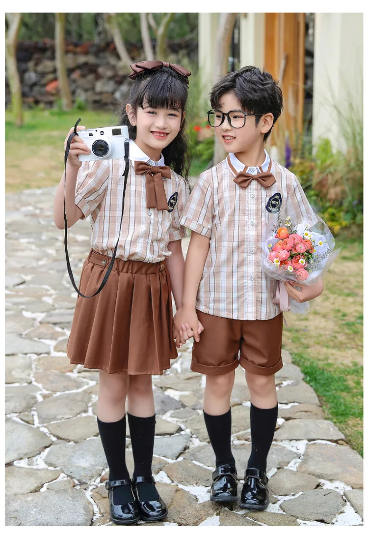 Новая Корейская версия, винтажный костюм в клетку для мальчиков + шорты, простые модные топы для девочек + юбка, комплект из 2 предметов, детская одежда в стиле хип-хоп Изображение 0