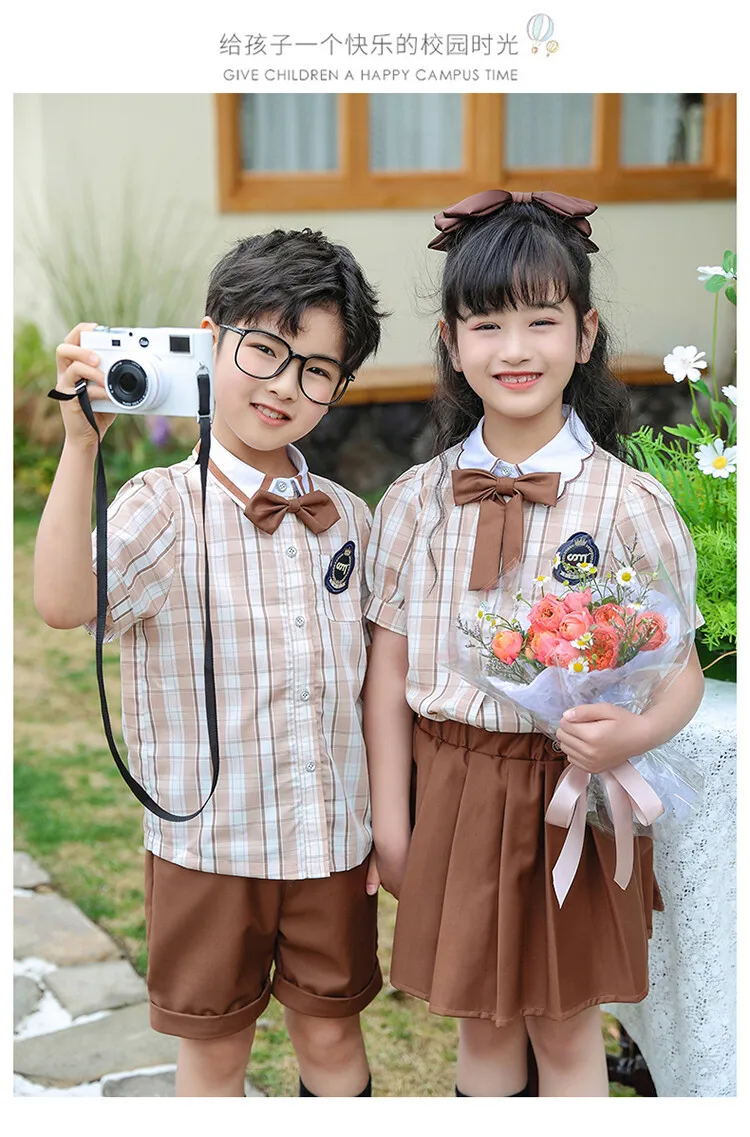 Новая Корейская версия, винтажный костюм в клетку для мальчиков + шорты, простые модные топы для девочек + юбка, комплект из 2 предметов, детская одежда в стиле хип-хоп Изображение 1