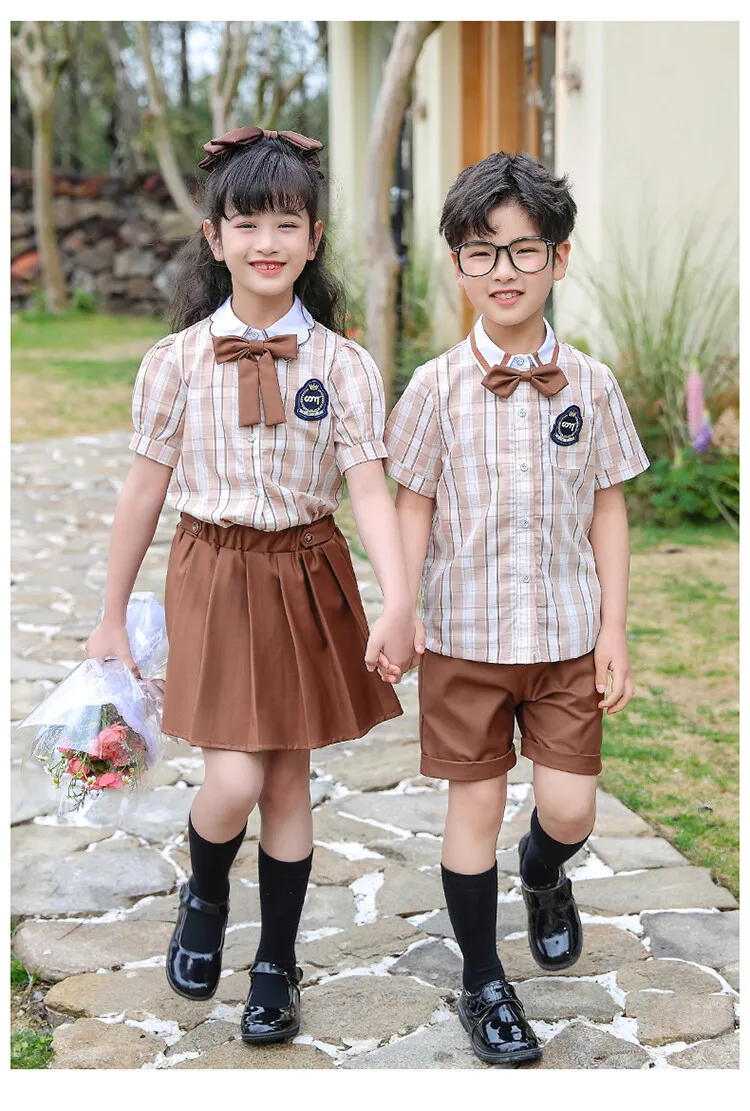 Новая Корейская версия, винтажный костюм в клетку для мальчиков + шорты, простые модные топы для девочек + юбка, комплект из 2 предметов, детская одежда в стиле хип-хоп Изображение 4